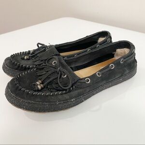 UGG Drina Beaded Bow Leather Slip On Fringe Moccasin Loafer Flats Black Size 6